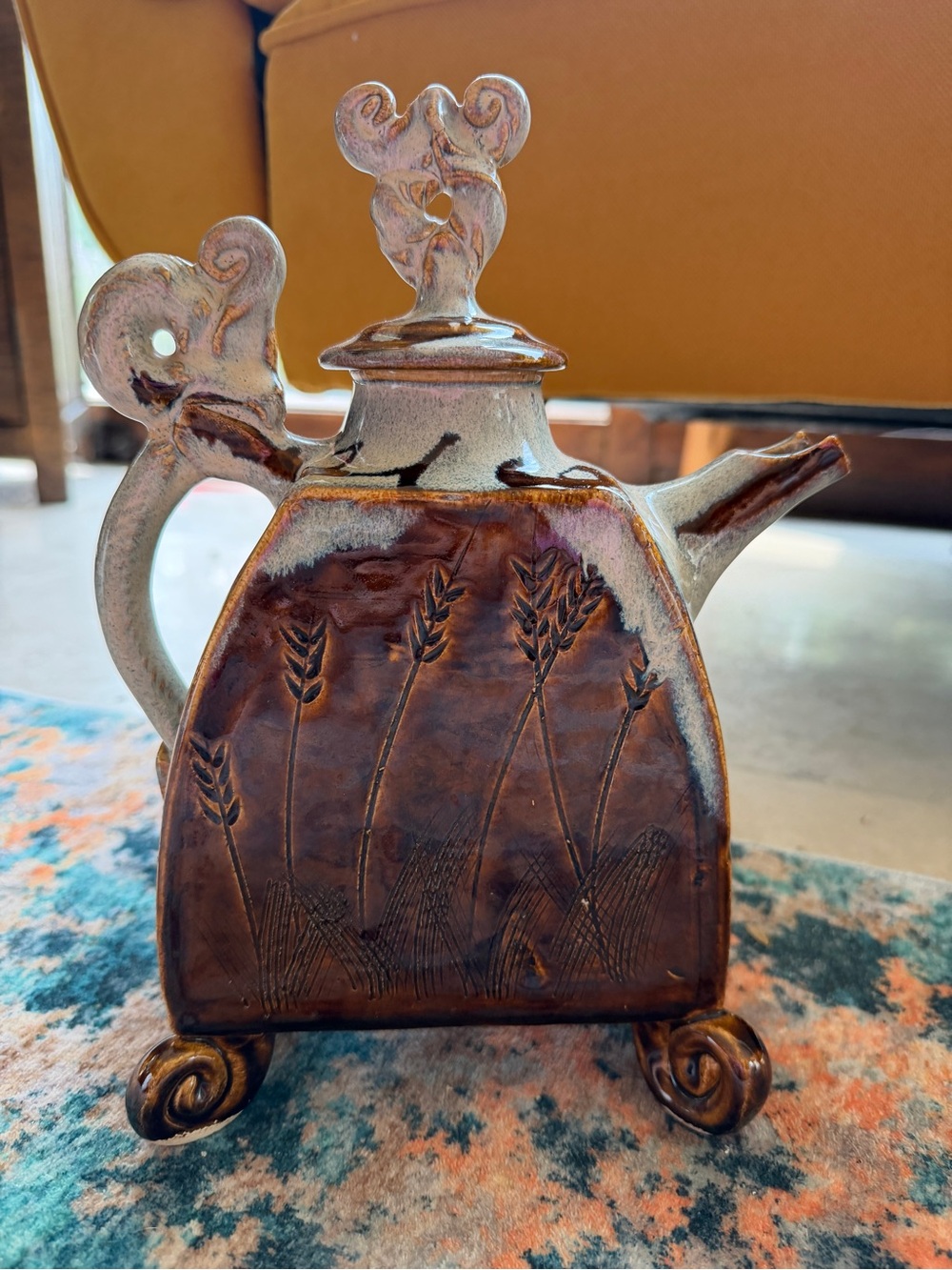 Handcrafted Brown Ceramic Teapot with Wheat Motif